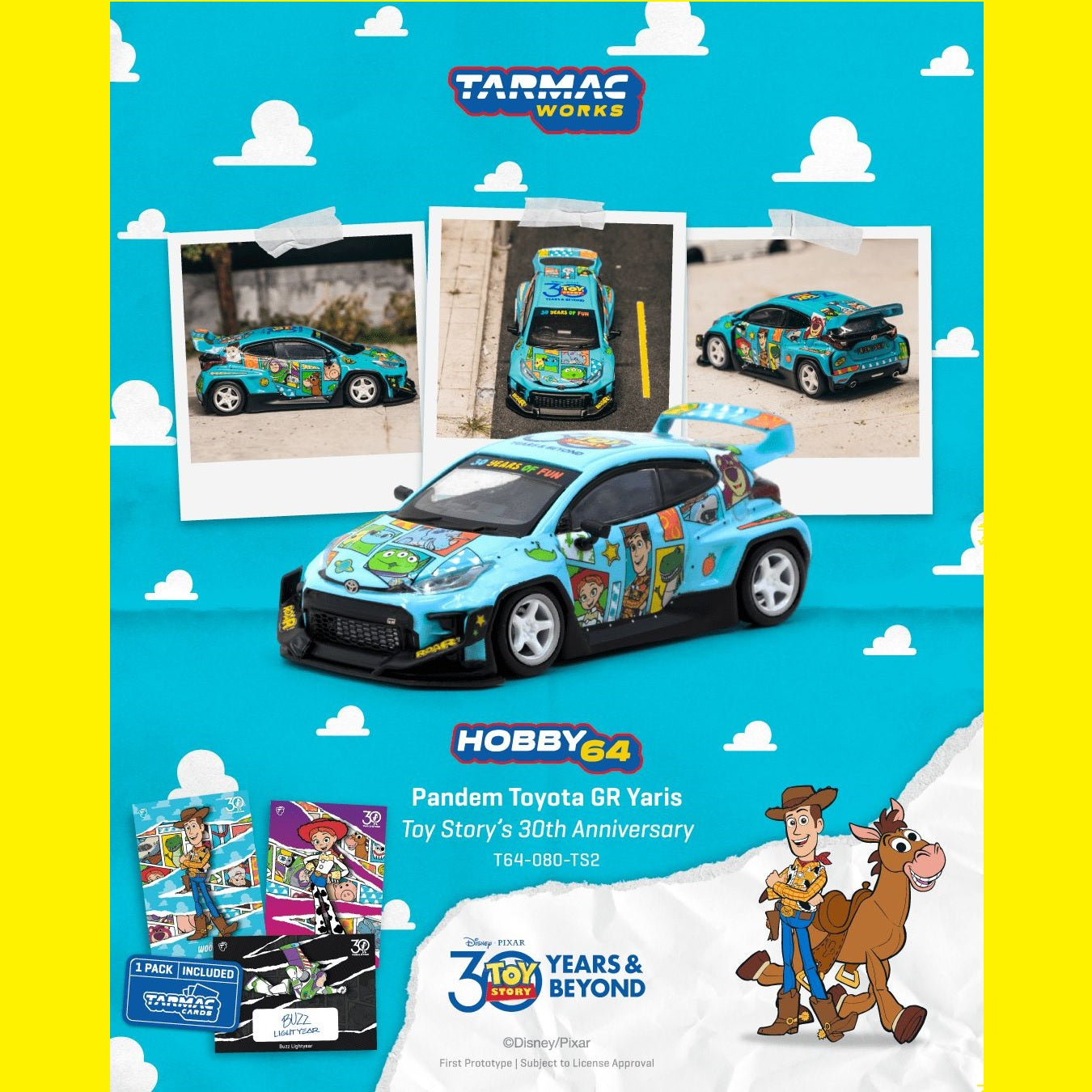 PREORDER Tarmac Works HOBBY64 1/64 Pandem Toyota GR Yaris Toy Story - 30th Anniversary Model Car + Trading Cards Combo Set T64-080-TS2 (Approx. Release Date :  JUNE 2026 subject to manufacturer's final decision)