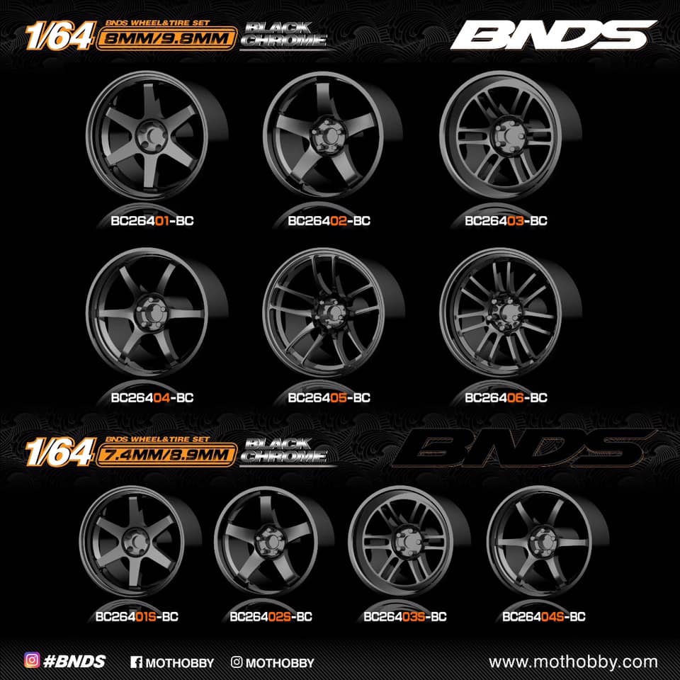BNDS 1/64 ABS Wheel & Tire Set of 10 (BC) BLACK CHROME