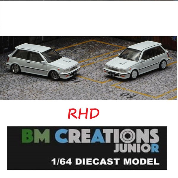 BM Creations JUNIOR 1/64 Toyota 1988 Starlet Turbo-S (EP71) White RHD with Extra Wheels, Lowering Parts 64B0124