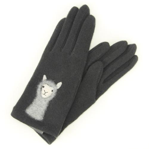 Alpaca pattern needle embroidery jersey gloves - Charcoal grey