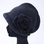 Knit hood cap with flowers - Black