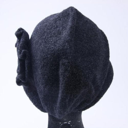 Knit hood cap with flowers - Black