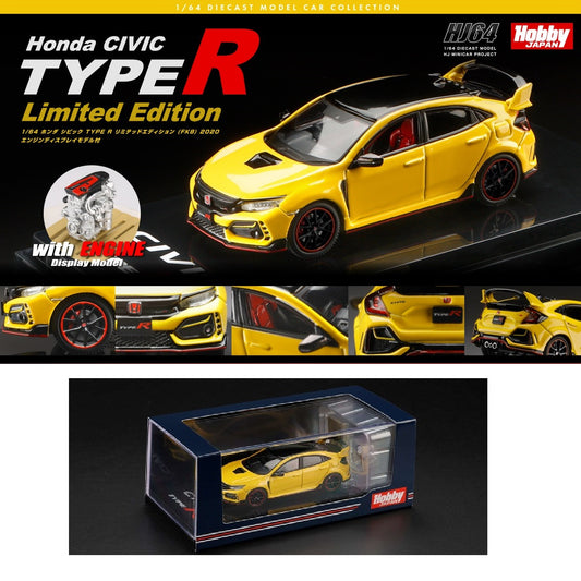 HOBBY JAPAN 1/64  Honda CIVIC Type R Limited Edition (FK8) 2020 with Engine Display Model Sunlight Yellow Ⅱ HJ642055BY