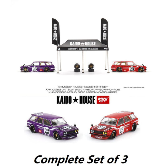 MINI GT x Kaido House 1/64 Datsun KAIDO 510 Wagon CARBON FIBER V1 (Purple), V2 (Red) and Tent Complete Set of 3