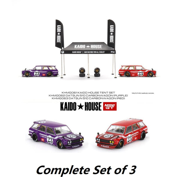 MINI GT x Kaido House 1/64 Datsun KAIDO 510 Wagon CARBON FIBER V1 (Purple), V2 (Red) and Tent Complete Set of 3