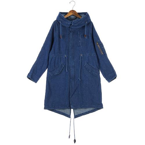 Denim Coat with Hood - Navy Blue