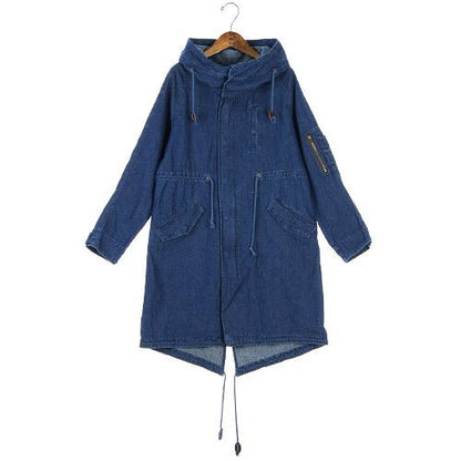 Denim Coat with Hood - Navy Blue