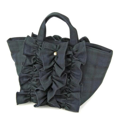 Wool furill horizontal tote bag - Green check 