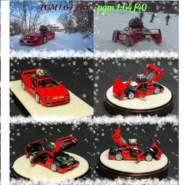 PGM 1/64 F40 Red - Christmas Special Version Diecast Fully Opened with Turnable Round Stand wooden stand  PGM-640902B