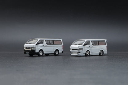 BM CREATIONS JUNIOR 1/64 Toyota 2015 Hiace KDH200V WHITE RHD with Extra Wheels, Lowering Parts and Body Kit 64B0142