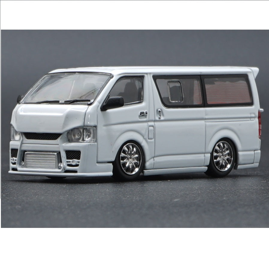 BM CREATIONS JUNIOR 1/64 Toyota 2015 Hiace KDH200V WHITE RHD with Extra Wheels, Lowering Parts and Body Kit 64B0142