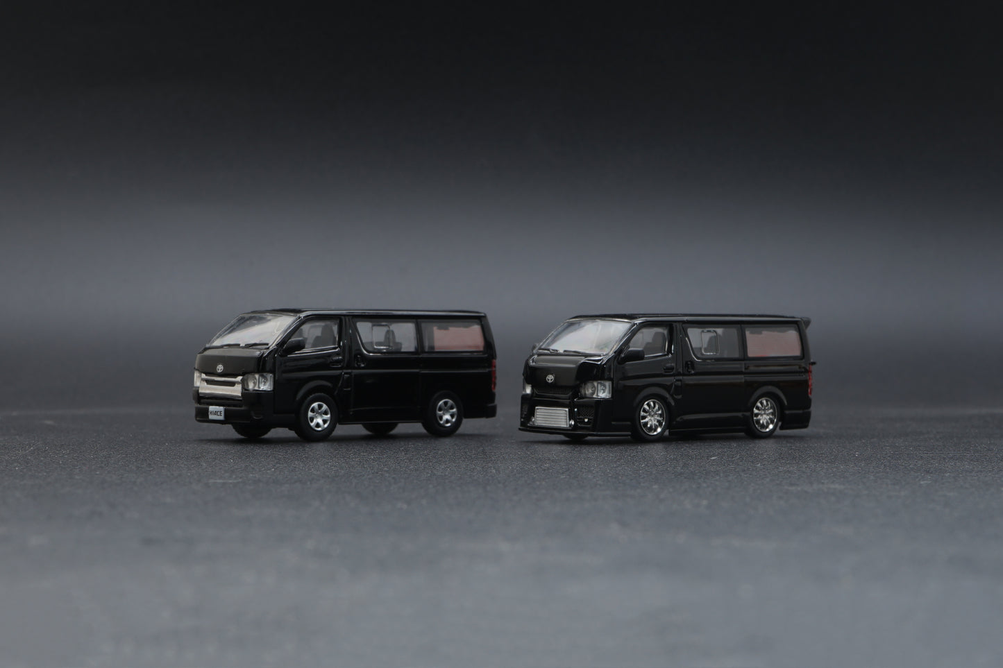 BM CREATIONS JUNIOR 1/64 Toyota 2016 Hiace BLACK RHD with Extra Wheels, Lowering Parts and Body Kit 64B0144
