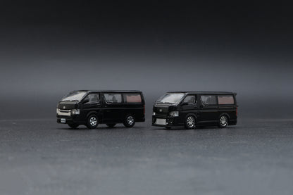 BM CREATIONS JUNIOR 1/64 Toyota 2016 Hiace BLACK RHD with Extra Wheels, Lowering Parts and Body Kit 64B0144
