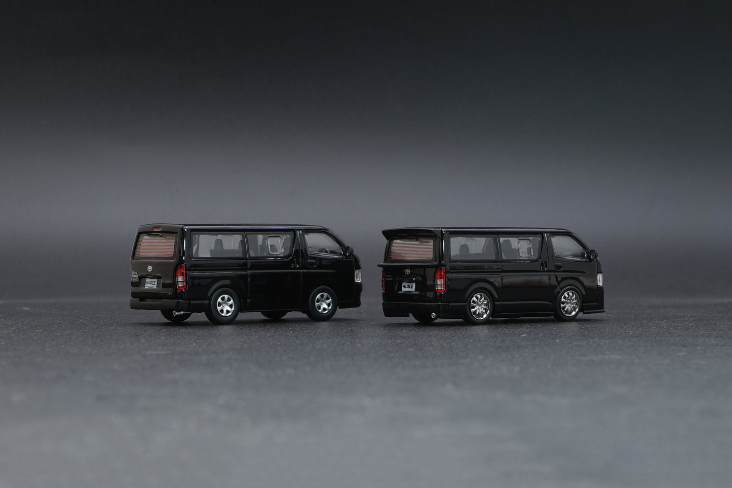 BM CREATIONS JUNIOR 1/64 Toyota 2016 Hiace BLACK RHD with Extra Wheels, Lowering Parts and Body Kit 64B0144