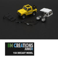 BM CREATIONS JUNIOR 1/64 Suzuki Jimny (JA11) YELLOW JAPAN VERSION with Extra Wheels, PVC Roof Top and Roof Rack RHD 64B0170