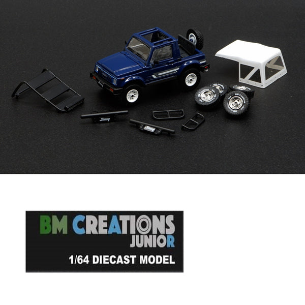 BM CREATIONS JUNIOR 1/64 Suzuki Jimny (SJ413) BLUE LHD with Extra Wheels, PVC Roof Top and Roof Rack LHD 64B0169