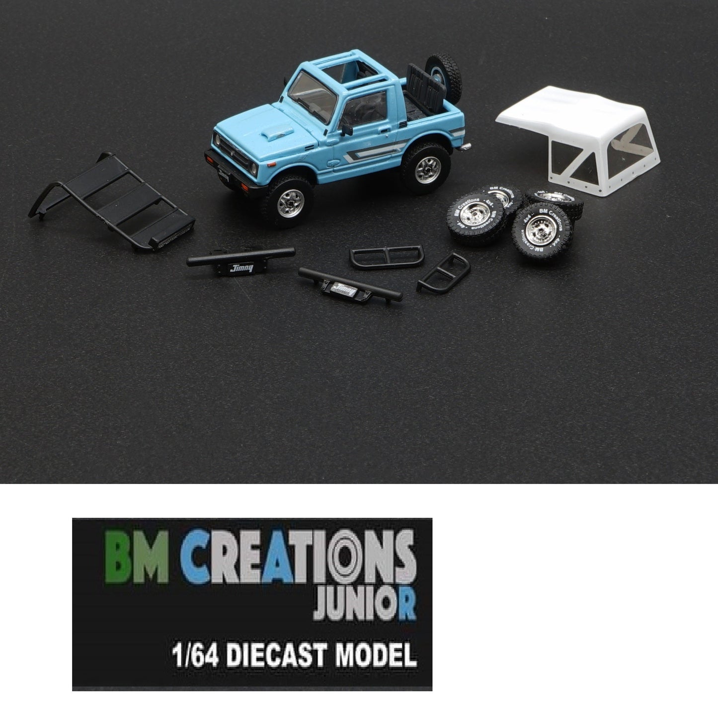 BM CREATIONS JUNIOR 1/64 Suzuki Jimny (JA11) LIGHT BLUE JAPAN VERSION with Extra Wheels, PVC Roof Top and Roof Rack RHD 64B0171