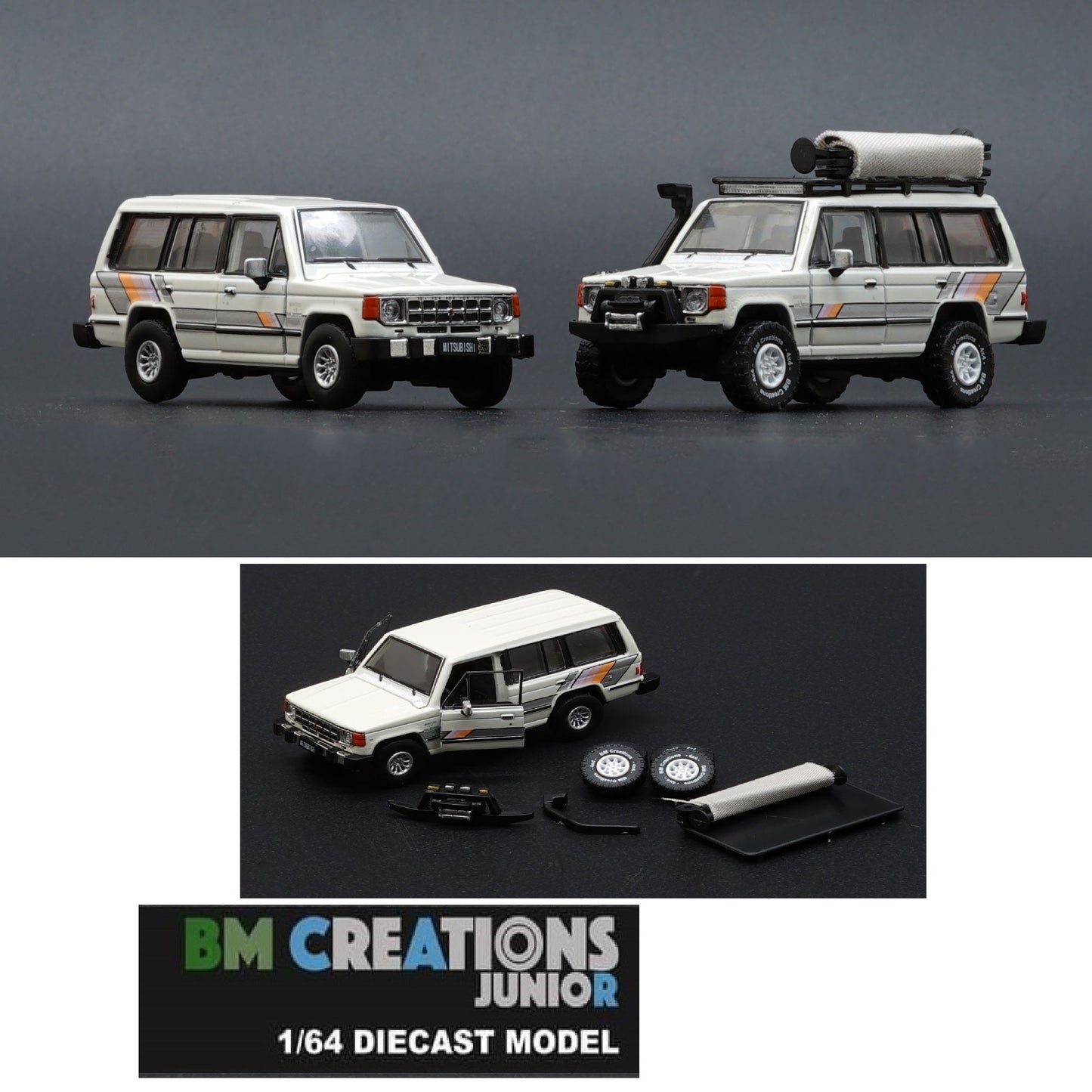 BM CREATIONS JUNIOR 1/64 Mitsubishi 1st Gen Pajero 1983 White w/stripe with Extra Wheels and Roof Rack LHD 64B0189