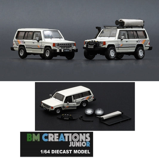 BM CREATIONS JUNIOR 1/64 Mitsubishi 1st Gen Pajero 1983 White w/stripe with Extra Wheels and Roof Rack LHD 64B0189