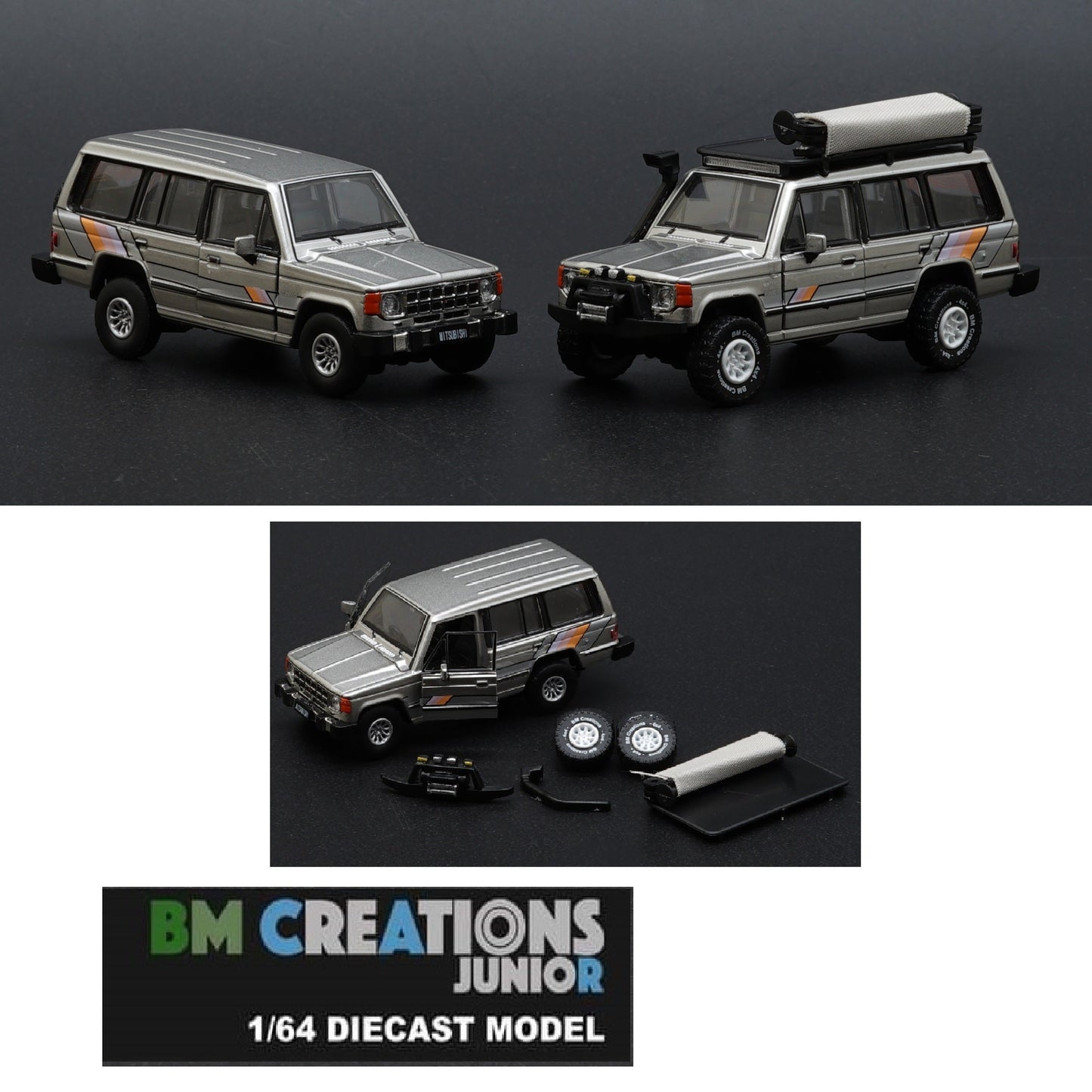 BM CREATIONS JUNIOR 1/64 Mitsubishi 1st Gen Pajero 1983 Silver w/stripe with Extra Wheels and Roof Rack LHD 64B0191