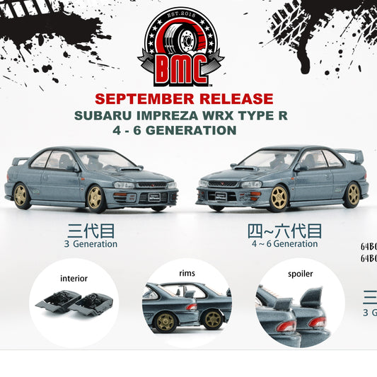 BM CREATIONS JUNIOR 1/64 Subaru Impreza  WRX Type R 3, 4-6 -Dolphin Grey (LHD) 64B0230 (