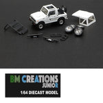 BM CREATIONS JUNIOR 1/64 Suzuki Jimny (JA11) WHITE JAPAN VERSION with Extra Wheels, PVC Roof Top and Roof Rack RHD 64B0243