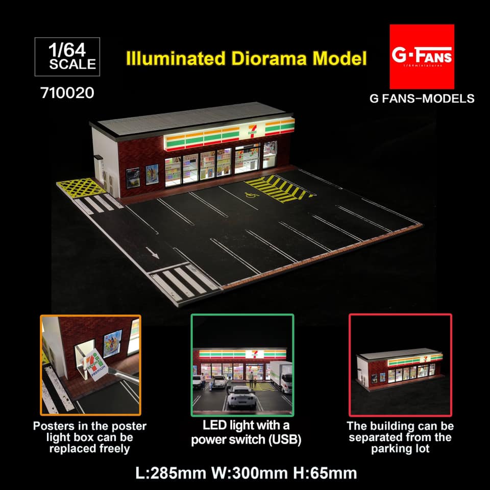 G-FANS 1/64 Diorama with LED Light 7-Eleven with Parking Lot 710020