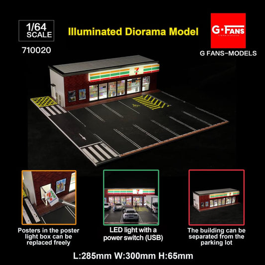 G-FANS 1/64 Diorama with LED Light 7-Eleven with Parking Lot 710020