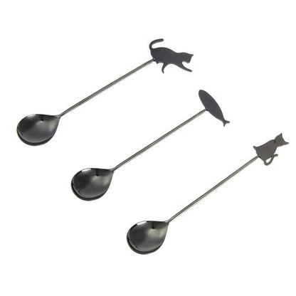 Cat Spoon Set - BLACK Cat + Fish