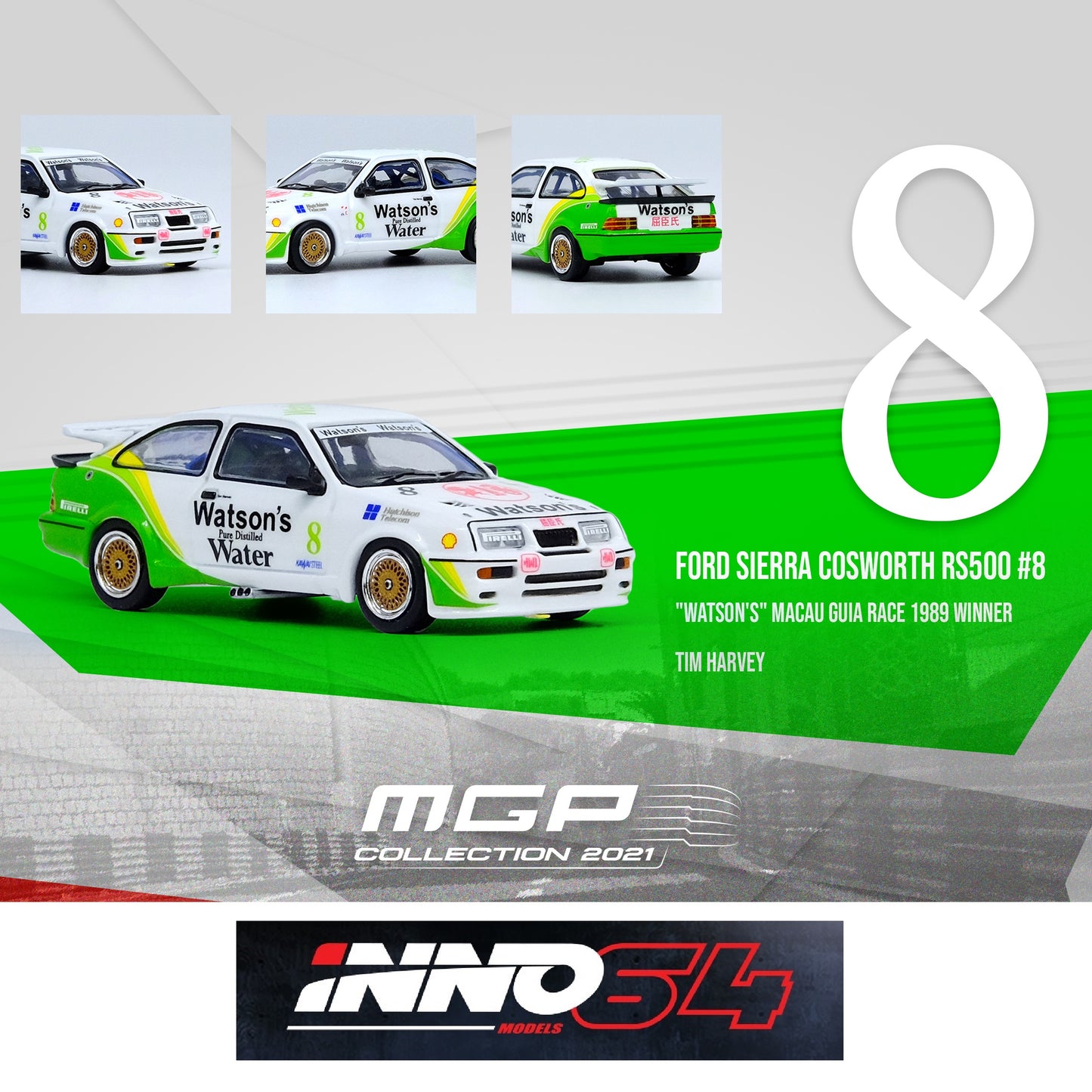 INNO64 1/64 FORD SIERRA COSWOTH RS500 #8 "WATSON'S" Macau Guia Race 1989 Winner - Tim Harvey IN64-RS500-MGP21WS
