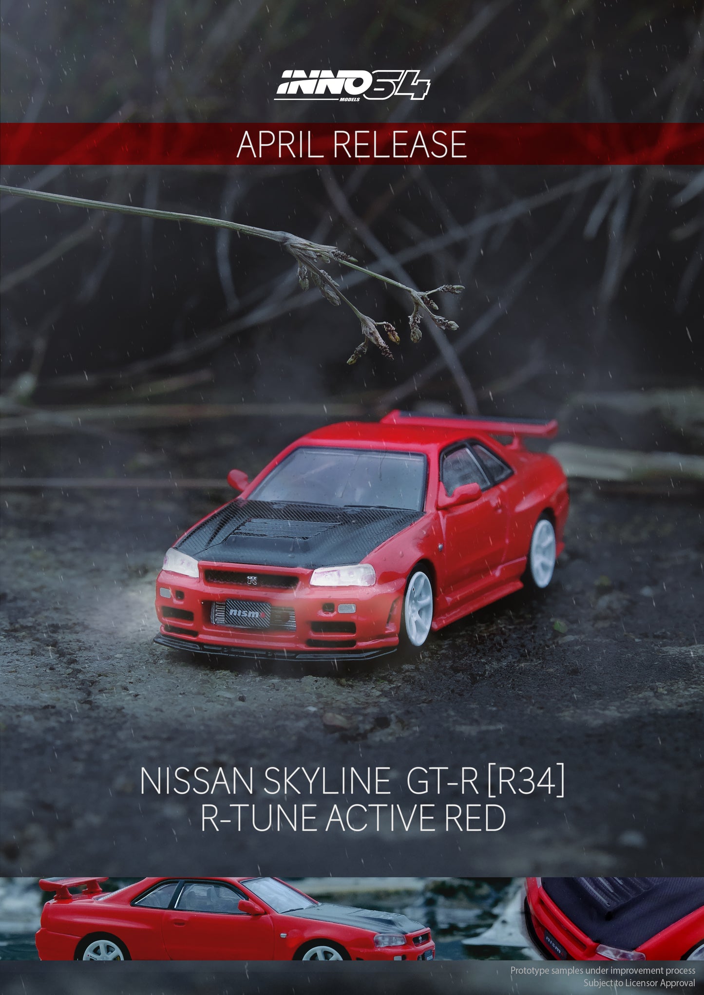 INNO64 1/64 NISSAN SKYLINE GT-R R34 R-TUNE Active Red With Carbon Bonnet IN64-R34RT-ARED