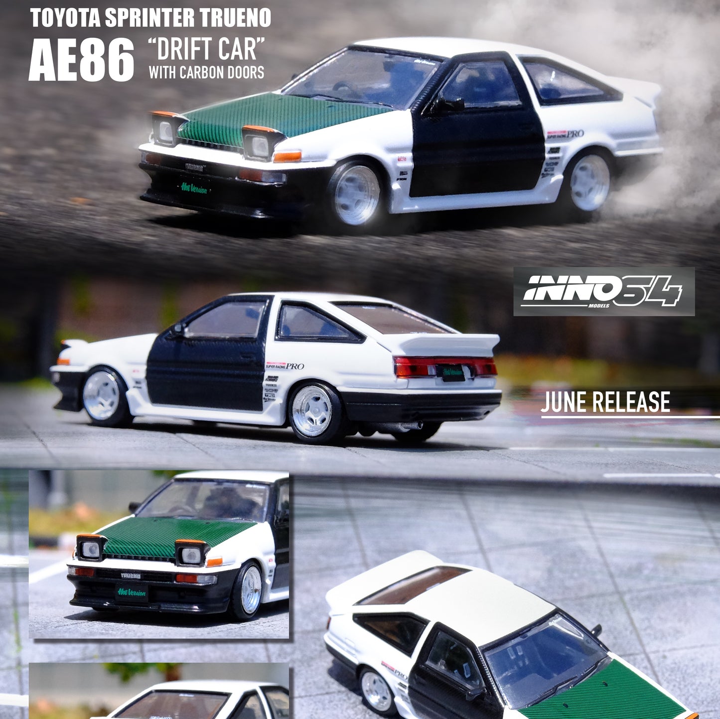 INNO64 1/64 TOYOTA SPRINTER TRUENO AE86 "Drift Car" With Carbon doors IN64-AE86T-TK