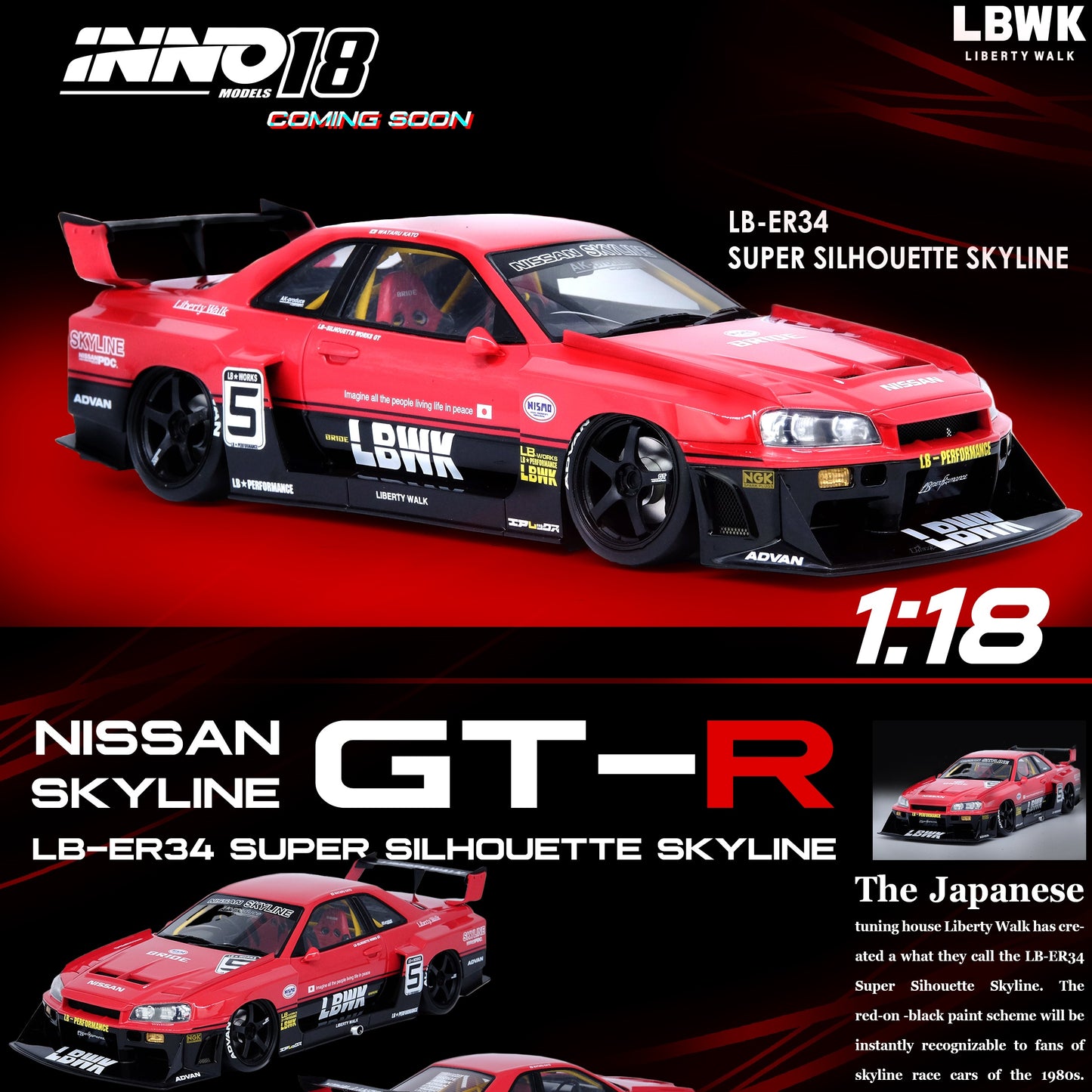 INNO18 1/18 RESIN NISSAN SKYLINE "LBWK" (ER34) SUPER SILHOUETTE IN18R-R34-LBWK