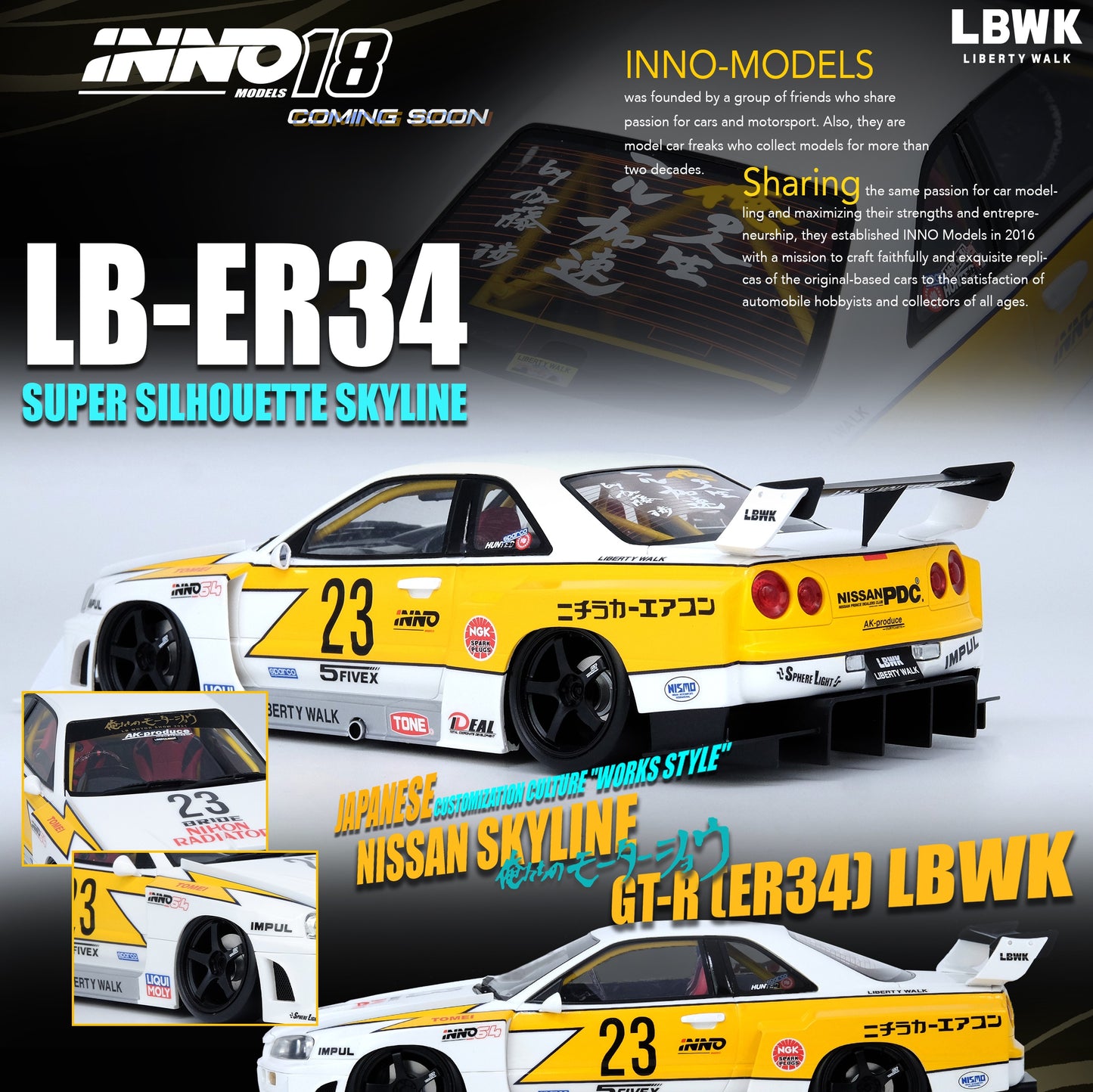 INNO18 1/18 RESIN NISSAN SKYLINE "LBWK" (ER34) SUPER SILHOUETTE HOSHINO RETRO LIVERY IN18R-R34-LBSS