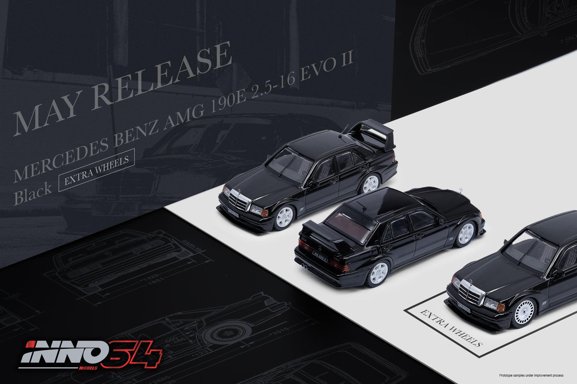PREORDER INNO64 MERCEDES-BENZ 190E 2.5-16 EVO II Black With Extra Wheels IN64-190E-BLA (Approx. Release Date : May 2020)