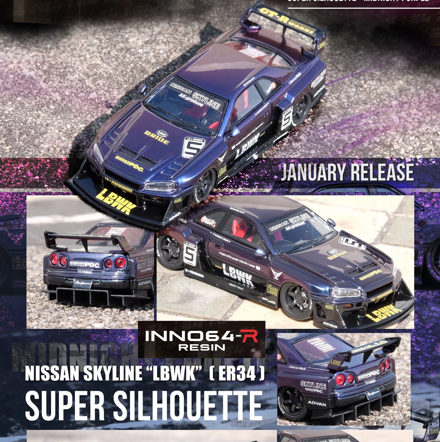 INNO64-R 1/64 RESIN NISSAN SKYLINE "LBWK" (ER34) SUPER SILHOUETTE  MIDNIGHT PURPLE II Limited Produced Quantity IN64R-R34-MPII
