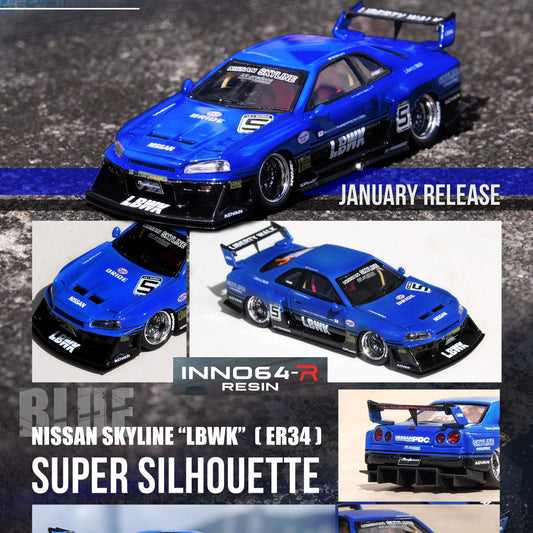 INNO64-R 1/64 RESIN NISSAN SKYLINE "LBWK" (ER34) SUPER SILHOUETTE  BLUE METALLIC Limited Produced Quantity IN64R-R34-BLU