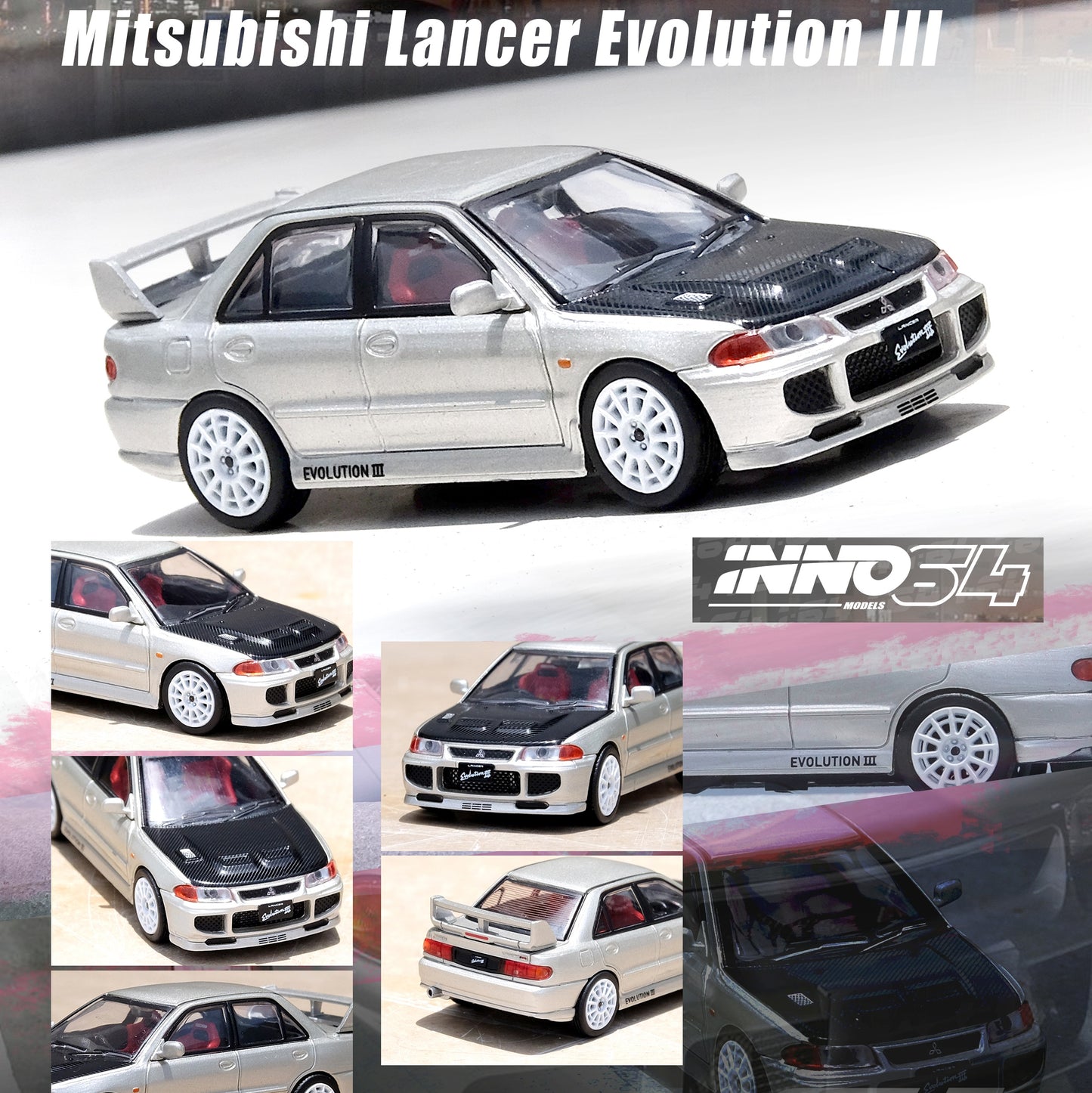 INNO64 1/64 MITSUBISHI LANCER EVOLUTION III Silver with Carbon Bonnet IN64-EVO3-SIL