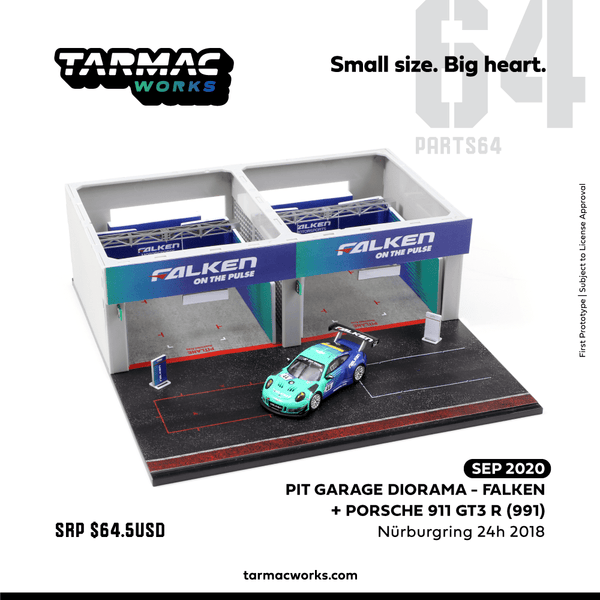 Tarmac Works 1/64 Pit Garage Diorama - FALKEN T64D-001-PS Include exclusive model Porsche 911 GT3 R (991) Nürburgring 24h 2018 (T64-032-18NUR44)