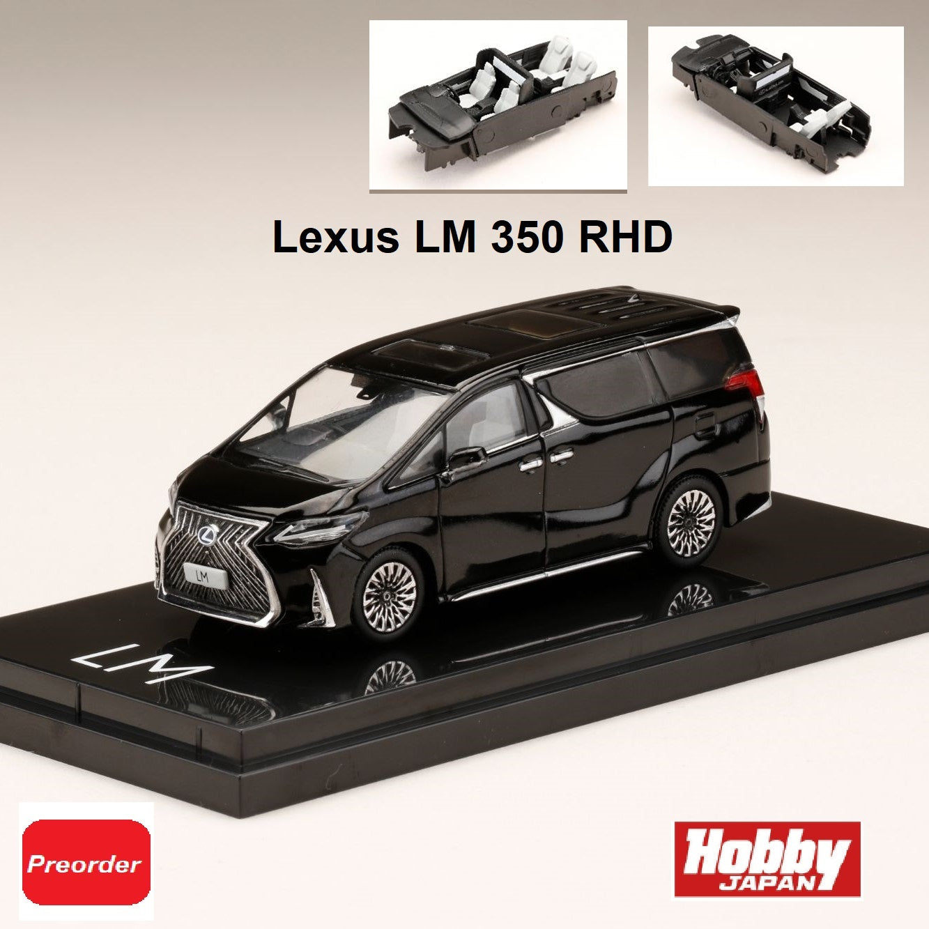 HOBBY JAPAN 1/64 LEXUS LM 350 4 SEATER BLACK with WHITE INTERIOR (RHD) HJ641022HAWB