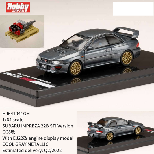 HOBBY JAPAN 1/64 SUBARU IMPREZA 22B STi Version (GC8改) Gray Metallic with Engine HJ641041GM