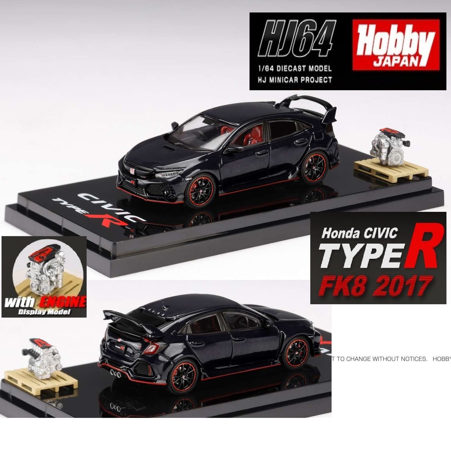 HOBBY JAPAN 1/64 Honda CIVIC TYPE R (FK8) 2017 with Engine Display Model Crystal Black Pearl HJ641055ABK