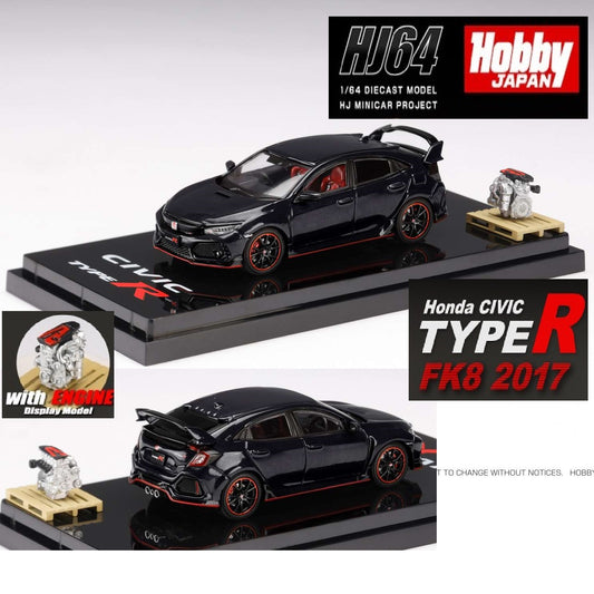 HOBBY JAPAN 1/64 Honda CIVIC TYPE R (FK8) 2017 with Engine Display Model Crystal Black Pearl HJ641055ABK
