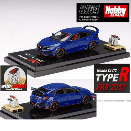 HOBBY JAPAN 1/64 Honda CIVIC TYPE R (FK8) 2017 with Engine Display Model Brilliant Sporty Blue Metallic HJ641055ABL