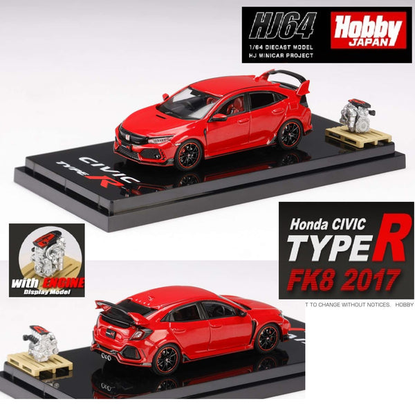 HOBBY JAPAN 1/64 Honda CIVIC TYPE R (FK8) 2017 with Engine Display Model Flame Red HJ641055AR