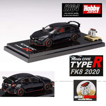 HOBBY JAPAN 1/64 Honda CIVIC TYPE R (FK8) 2020 with Engine Display Model Crystal Black Pearl HJ642055ABK
