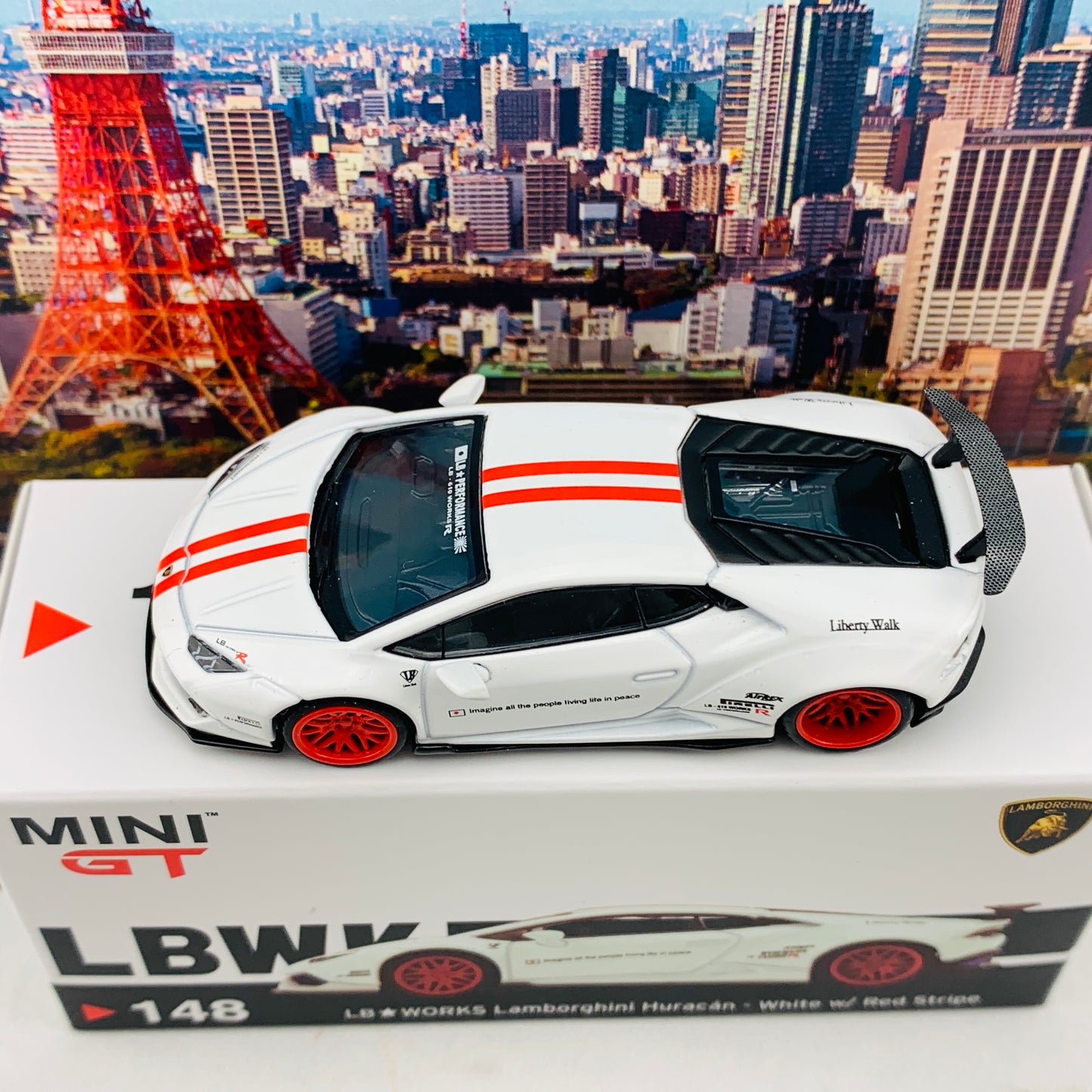 MINI GT 1/64 LB WORKS Lamborghini Huracan Version 1 White w/ Red Stripe LHD MGT00148-L
