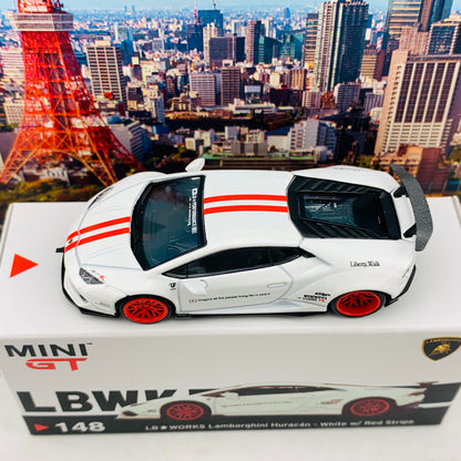 MINI GT 1/64 LB WORKS Lamborghini Huracan Version 1 White w/ Red Stripe LHD MGT00148-L