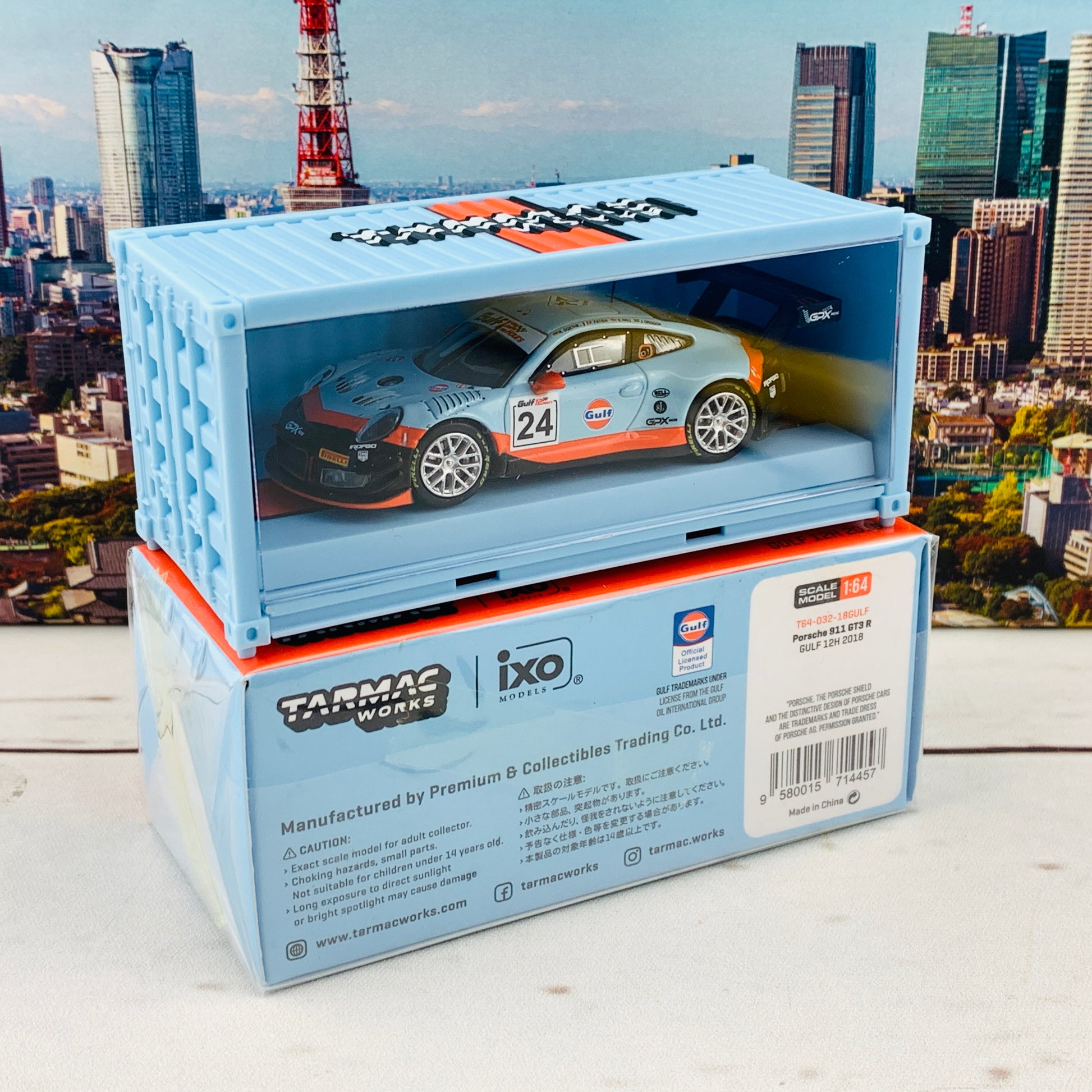 Tarmac Works 1/64 Porsche 911 GT3 R (991) GULF 12h 2018  Goethe / Hall / Fatien / Grogor *** With Container ***  T64-032-18GULF
