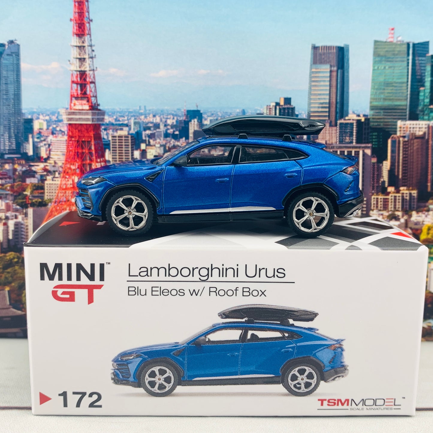 MINI GT 1/64 Lamborghini Urus Blu Eleos w/ Roof Box LHD MGT00172-L 